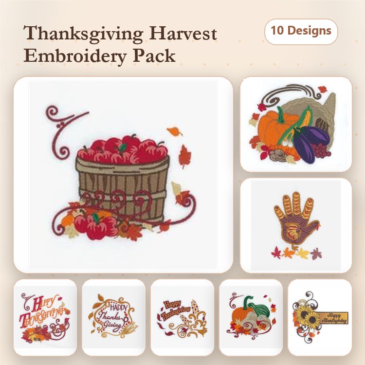 Thanksgiving Harvest Embroidery Designs Bundle – Harvest Basket with Apples, Cornucopia, Pumpkin Pie & More (10 Designs)