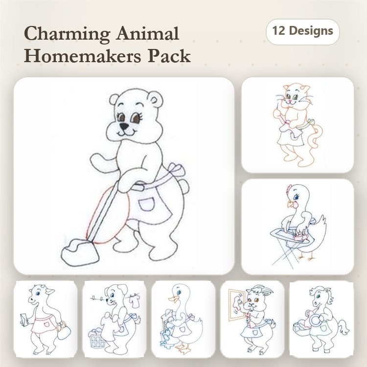 Cleaning Animal Embroidery Bundle – Bear, Cat, Duck & Goat (12 Designs)