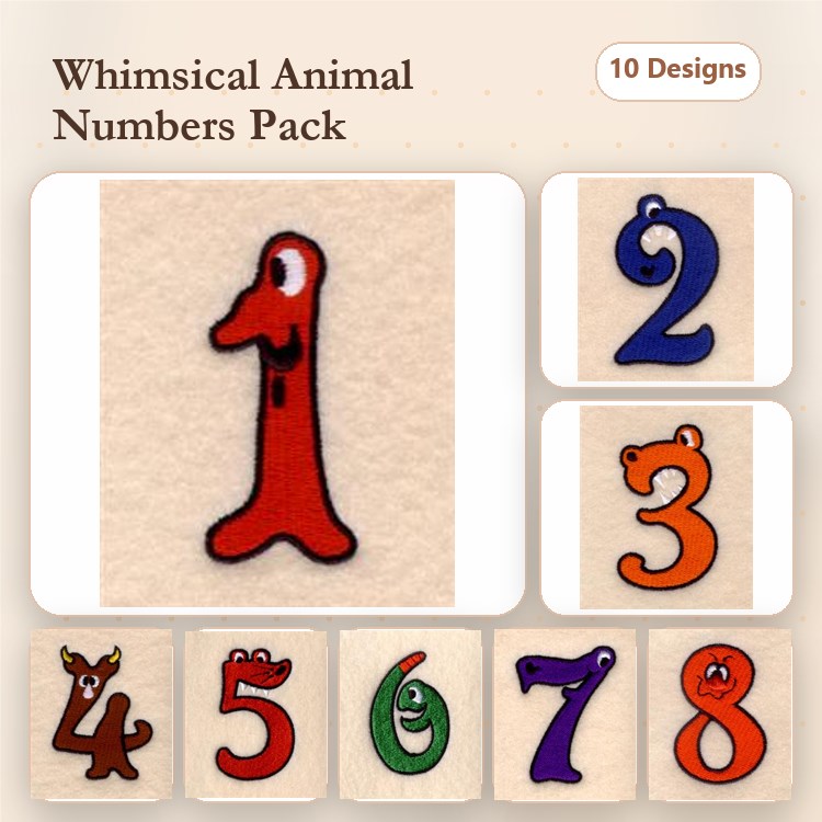 Animal Numbers Embroidery Bundle – Red One, Blue Two, Orange Three & More (10 Designs)