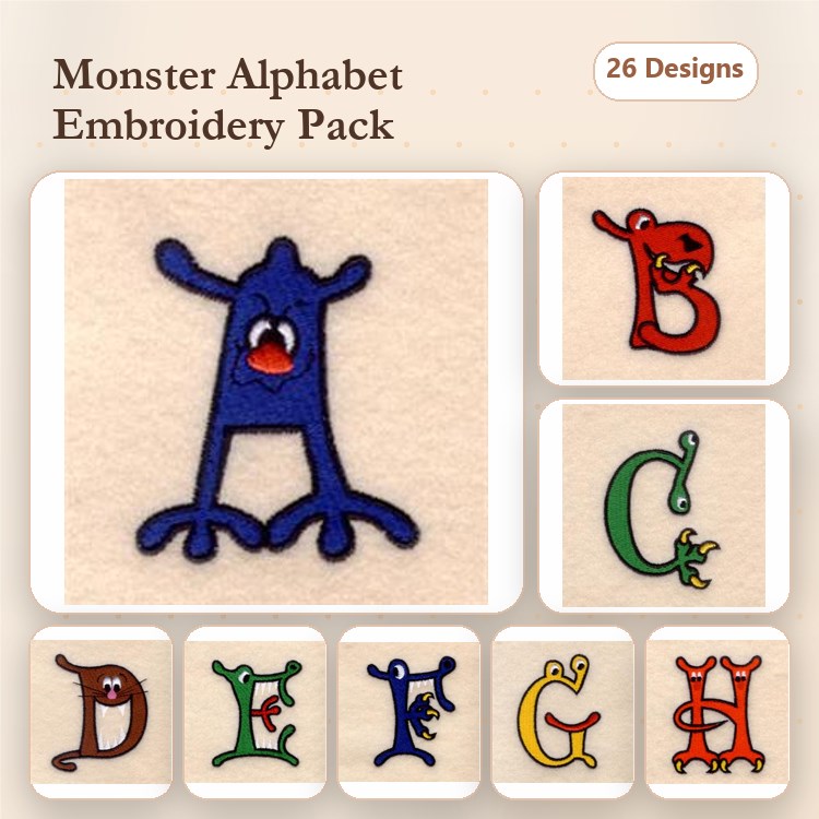 Monster Alphabet Embroidery Bundle – Monster A, Monster B, Monster C & More (26 Designs)