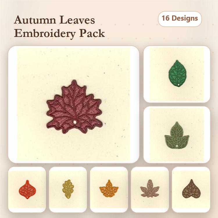 FSL Autumn Leaves Embroidery Designs Bundle – Red Maple Leaf, Green Leaf, Yellow Leaf & More (16 Designs)