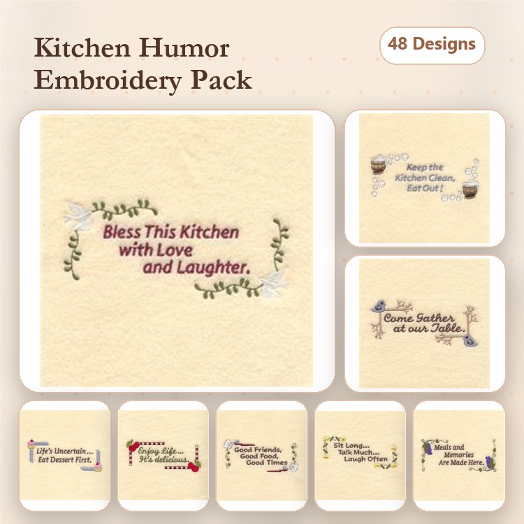 Kitchen Humor Embroidery Designs Bundle – Bless This Kitchen with Love and Laughter, Keep the Kitchen Clean, & More (48 Designs)