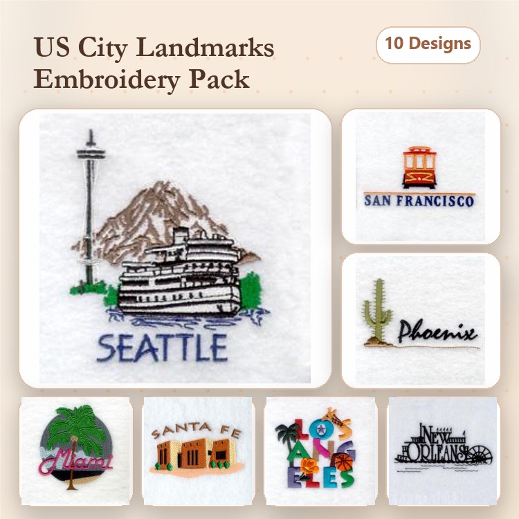 US City Landmarks Embroidery Designs Bundle – Seattle Landmark, San Francisco Landmark, Phoenix Landmark & More (10 Designs)