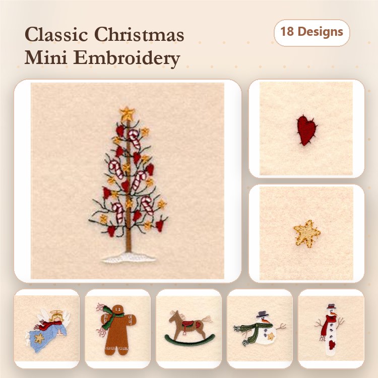 Classic Christmas Embroidery Designs Bundle – Christmas Tree, Gingerbread Man, Snowman & More (18 Designs)