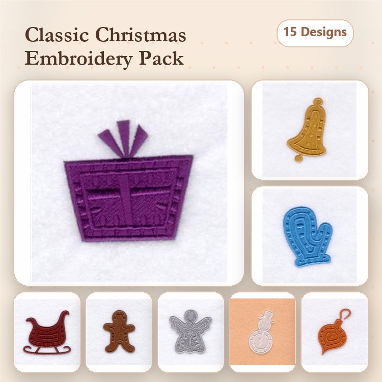 Christmas Gift & Gingerbread Man Embroidery Designs Bundle – Sleigh, Bell, Mitten & More (15 Designs)