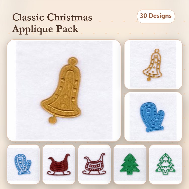 Applique Christmas Embroidery Designs Bundle – Christmas Bell, Christmas Mitten, Sleigh, Christmas Tree & More (30 Designs)