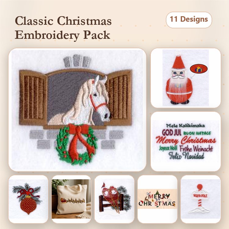 Classic Christmas Embroidery Designs Bundle – Santa Claus, Horse with Wreath, Christmas Ornament & More (11 Designs)