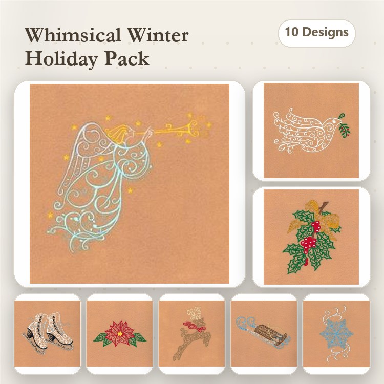 Winter Holiday Embroidery Designs Bundle – Angel with Horn, Dove with Olive Branch, Holly Berry & More (10 Designs)