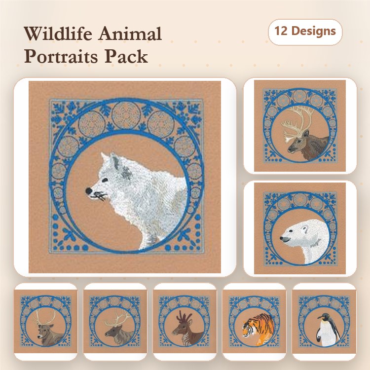 Wildlife Animal Portraits Embroidery Bundle – Arctic Wolf, Polar Bear, Deer, Bobcat & More (12 Designs)