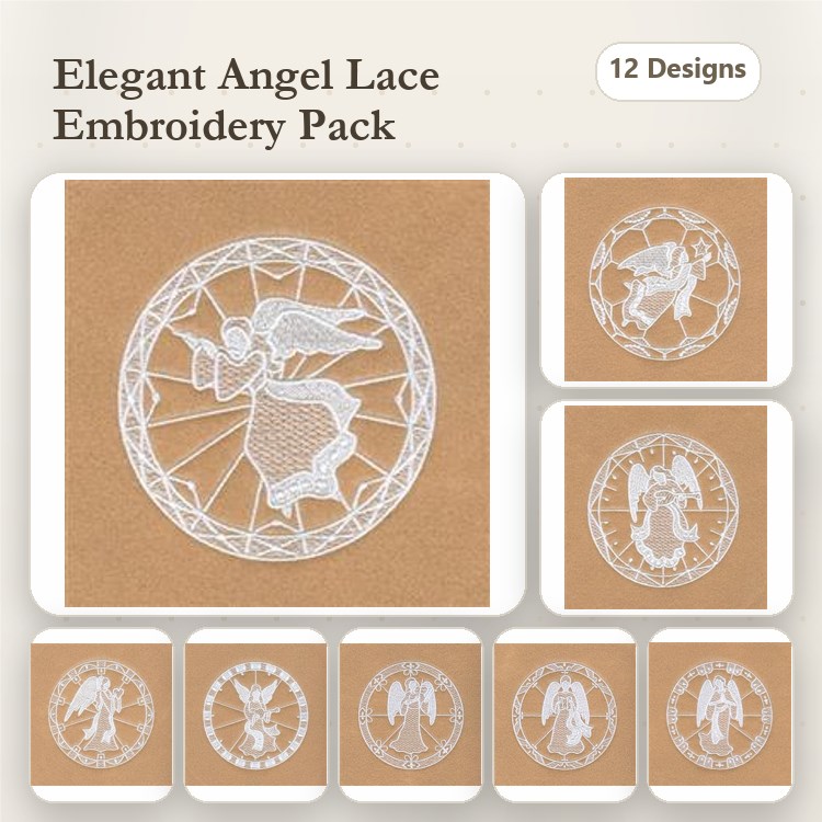 FSL Angel Lace Embroidery Bundle – Angel with Halo, Flying Angel, Kneeling Angel & More (12 Designs)