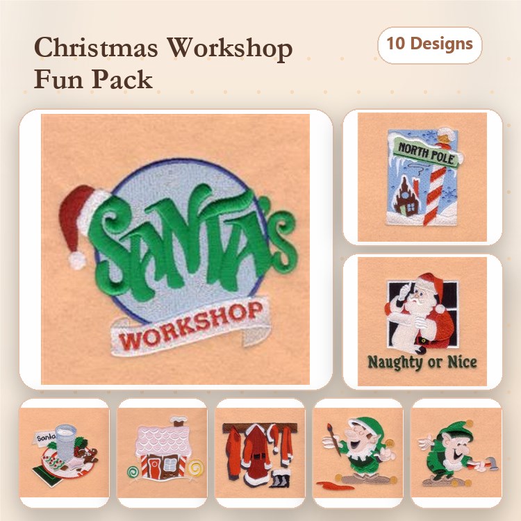 Christmas Workshop Embroidery Designs Bundle – Santa Claus, Elf, Reindeer & More (10 Designs)