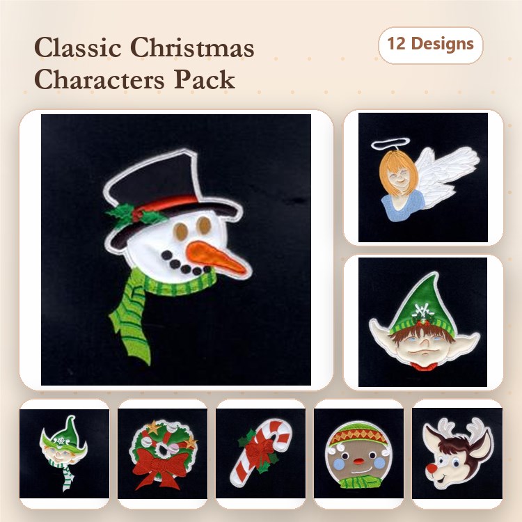 Applique Christmas Characters Embroidery Designs Bundle – Snowman, Reindeer, Angel & More (12 Designs)