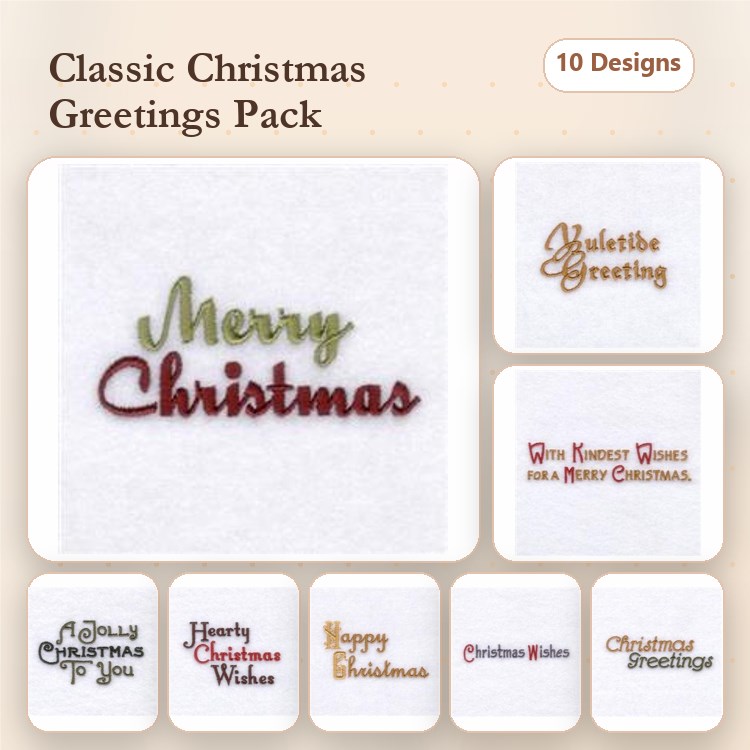 Christmas Greetings Embroidery Designs Bundle – Merry Christmas, Yuletide Greeting, Heartfelt Wishes & More (10 Designs)