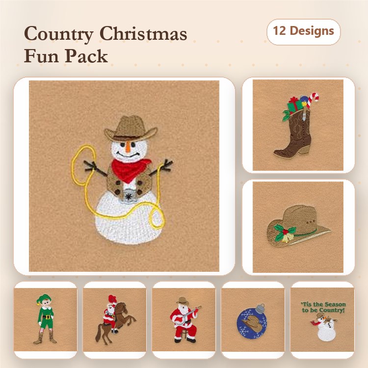 Country Christmas Embroidery Designs Bundle – Snowman with Cowboy Hat, Santa Claus, Elf Character & More (12 Designs)