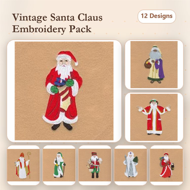 Vintage Santa Claus Embroidery Designs Bundle – Traditional Santa, Santa with Gift, Santa Holding Presents & More (12 Designs)