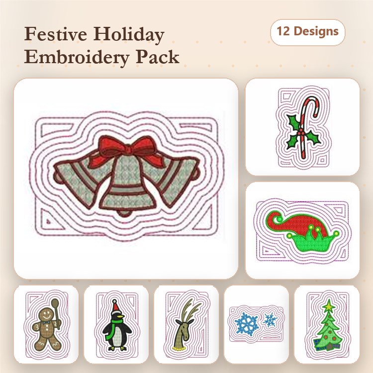 Festive Holiday Embroidery Designs Bundle – Bells with Bow, Candy Cane, Gingerbread Man & More (12 Designs)