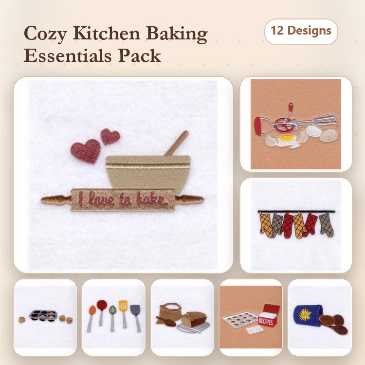 Baking Essentials Embroidery Designs Bundle – Mixing Bowl, Rolling Pin, Oven Mitts & More (12 Designs)
