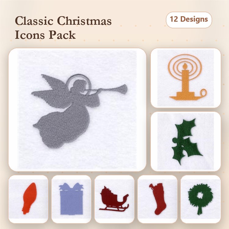 Christmas Icons Embroidery Designs Bundle – Angel, Candle, Holly & More (12 Designs)
