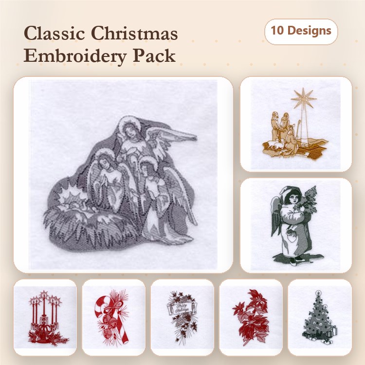 Classic Christmas Embroidery Designs Bundle – Nativity Scene, Christmas Tree, Santa with Gifts & More (10 Designs)