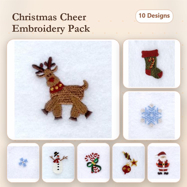 Christmas Embroidery Designs Bundle – Reindeer, Christmas Stocking, Snowman, Santa & More (10 Designs)