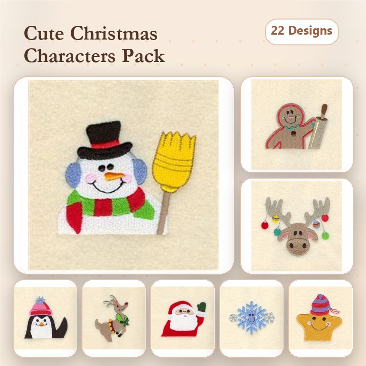 Cute Christmas Characters Embroidery Designs Bundle – Snowman, Gingerbread Man, Reindeer & More (22 Designs)