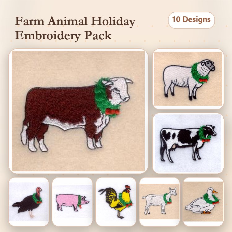 Farm Animals with Holiday Accents Embroidery Bundle – Cow with Wreath, Pig with Scarf, Turkey with Wreath & More (10 Designs)