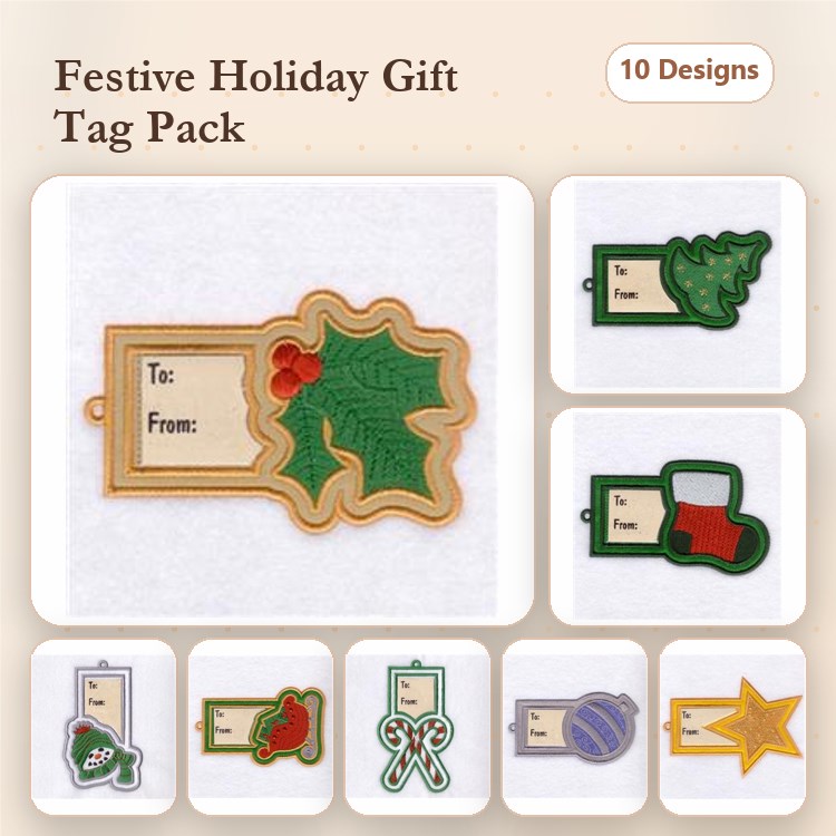 ITH Holiday Gift Tags Embroidery Bundle – Holly, Christmas Tree, Stocking & More (10 Designs)