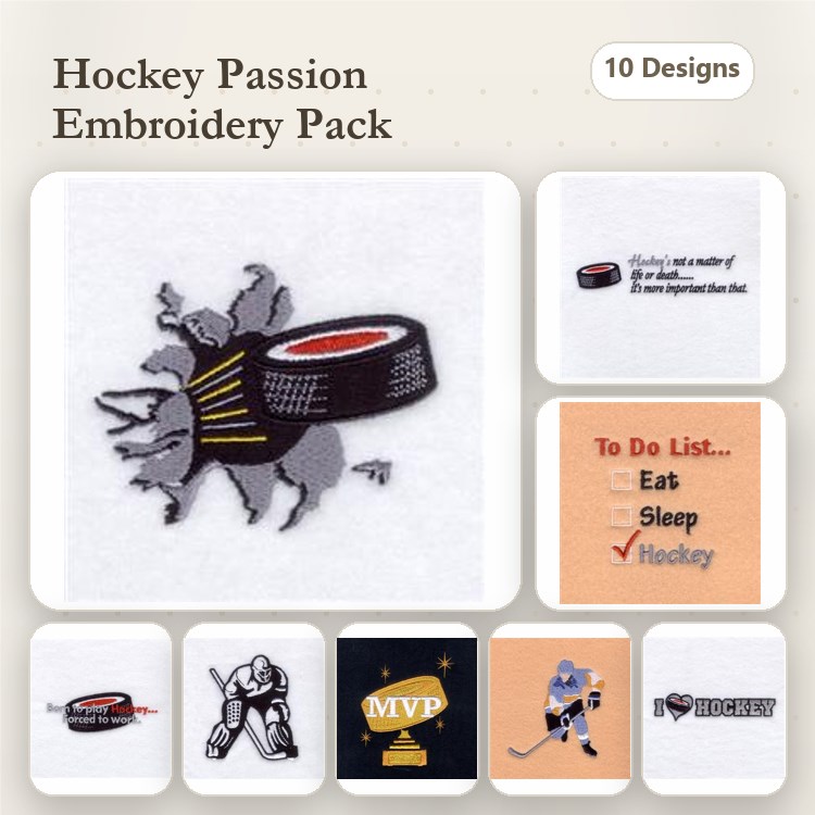 Hockey Embroidery Designs Bundle – Hockey Puck with Rhino, MVP Badge, Goal Celebration & More (10 Designs)