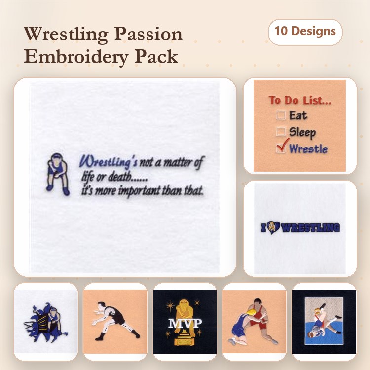 Wrestling-Themed Embroidery Designs Bundle – Wrestling Quotes, Action Poses, MVP & More (10 Designs)