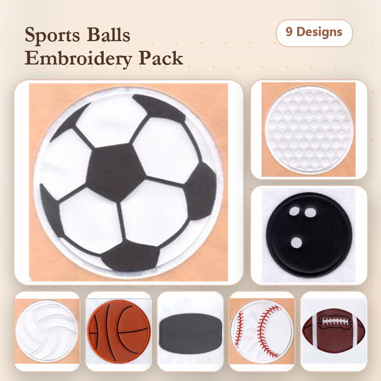 Applique Sports Balls Embroidery Bundle – Soccer Ball, Basketball, Baseball, Football & More (9 Designs)