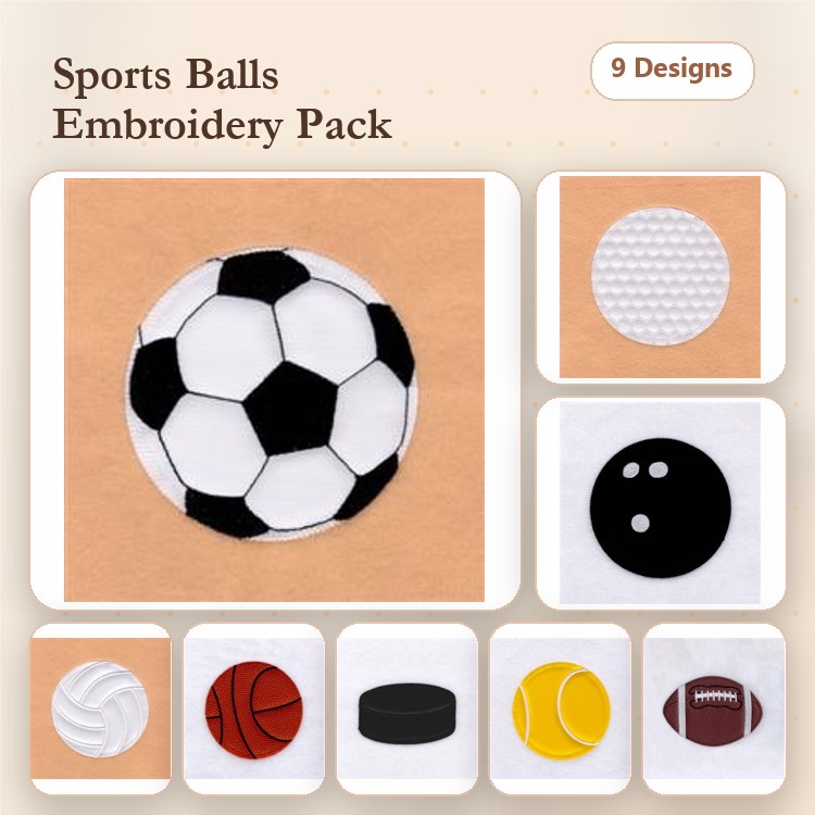 Applique Sports Balls Embroidery Bundle – Soccer Ball, Baseball, Basketball & More (9 Designs)