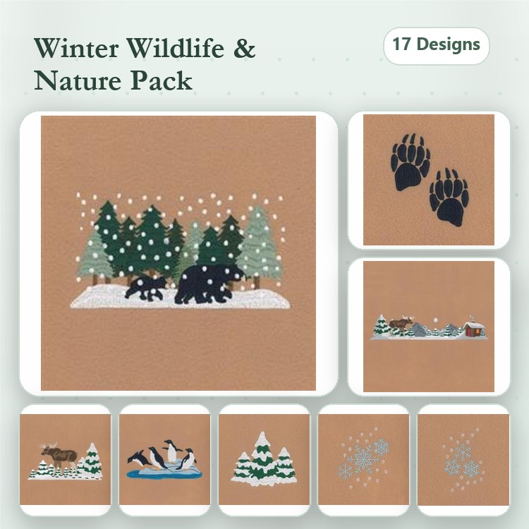 Winter Wildlife Embroidery Bundle – Bears, Moose, Snowflakes & More (17 Designs)