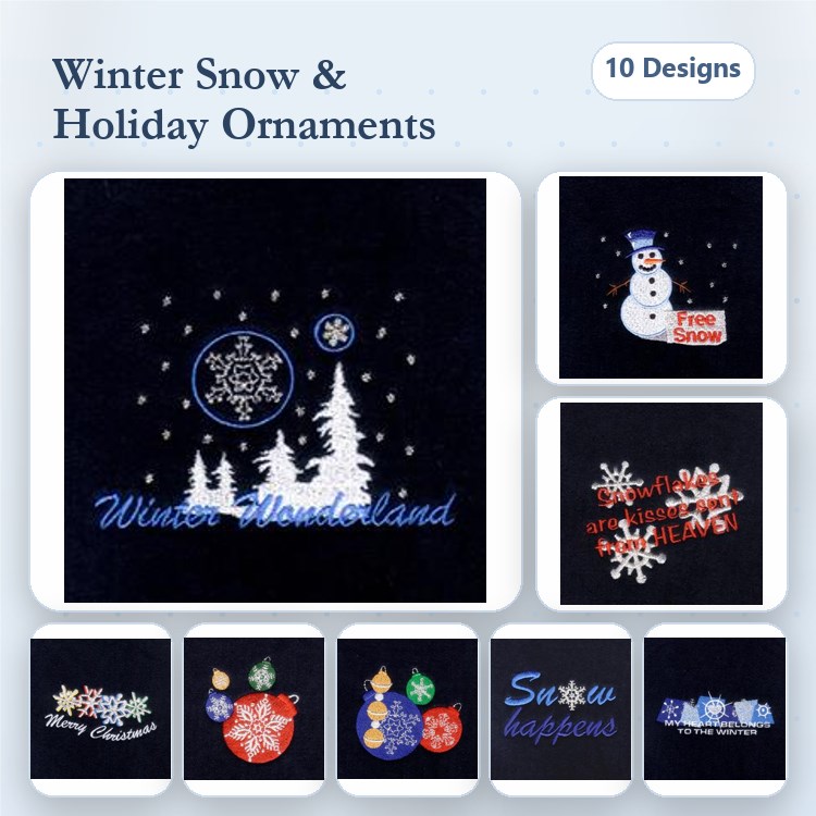 Winter Wonderland Embroidery Designs Bundle – Snowman, Decorative Pine Trees, Christmas Ornament & More (10 Designs)