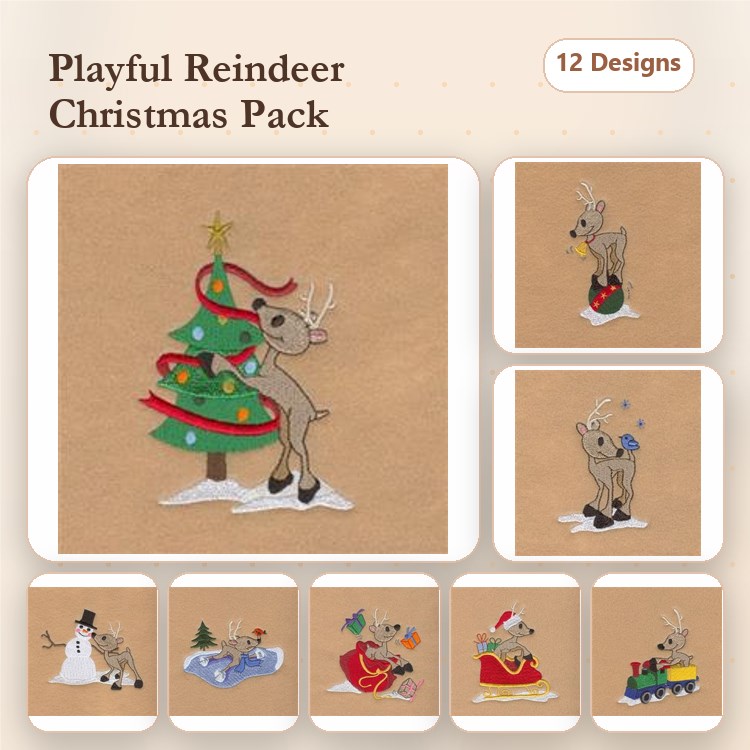 Playful Reindeer Christmas Embroidery Designs Bundle – Reindeer with Christmas Tree, Reindeer in Santa Suit & More (12 Designs)