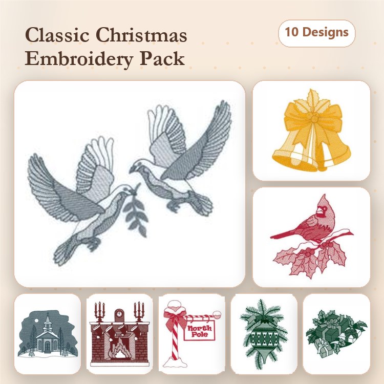 Classic Christmas Embroidery Designs Bundle – Doves with Olive Branch, Christmas Bell, Cardinal on Holly & More (10 Designs)