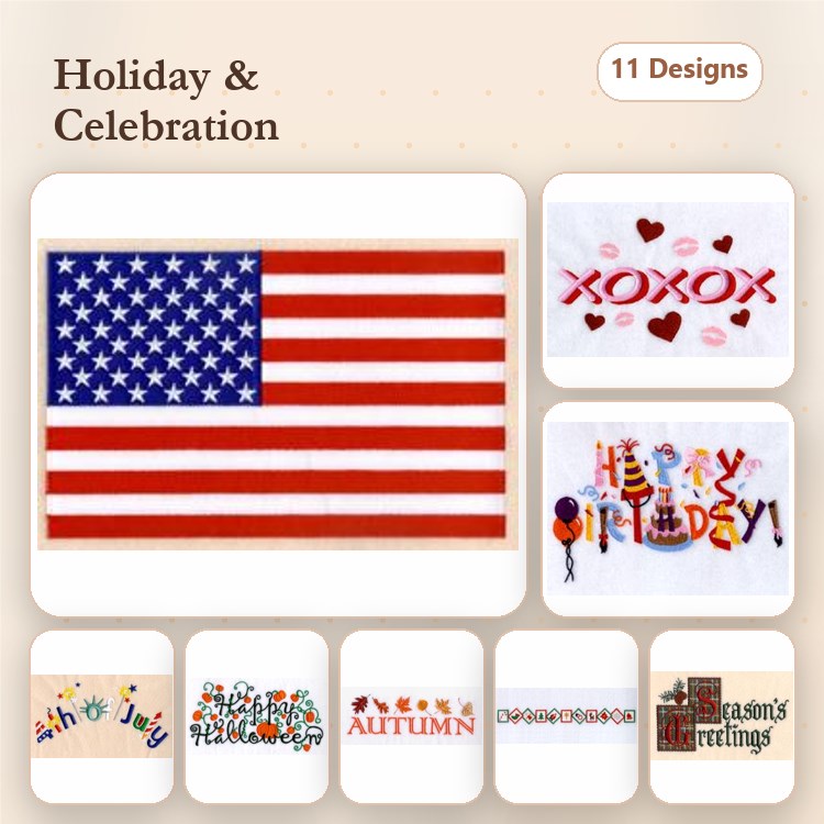 Holiday Celebration Embroidery Designs Bundle – American Flag, Happy Holidays, & Thanksgiving Turkey (11 Designs)