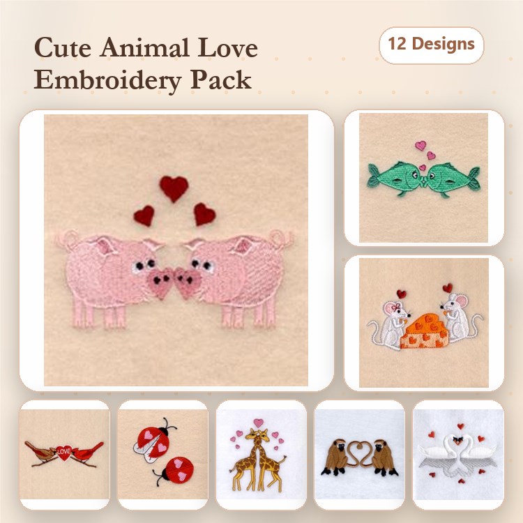 Animal Love Embroidery Bundle – Heartfelt Designs (12 Designs)