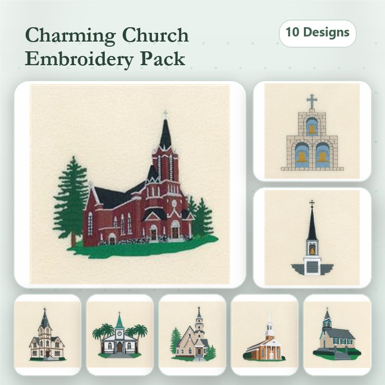 Charming Church Embroidery Designs Bundle – Red Church with Trees, Steeple Church, Stone Church with Cross & More (10 Designs)