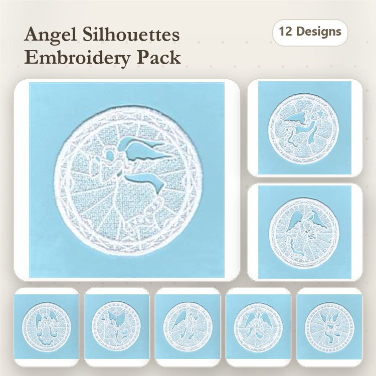 FSL Angel Silhouettes Embroidery Bundle – Guardian Angel, Angel with Trumpet, Angel with Harp & More (12 Designs)