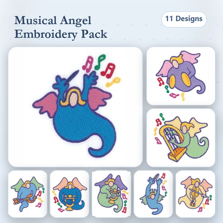 Musical Angel Embroidery Designs Bundle – Musical Angel with Notes, Angel with Harp, Singing Angel & More (11 Designs)