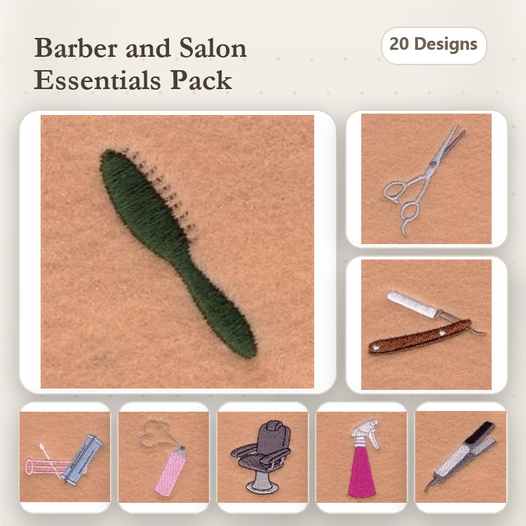 Barber & Salon Tools Embroidery Bundle – Hairbrush, Scissors, Hairdryer & More (20 Designs)