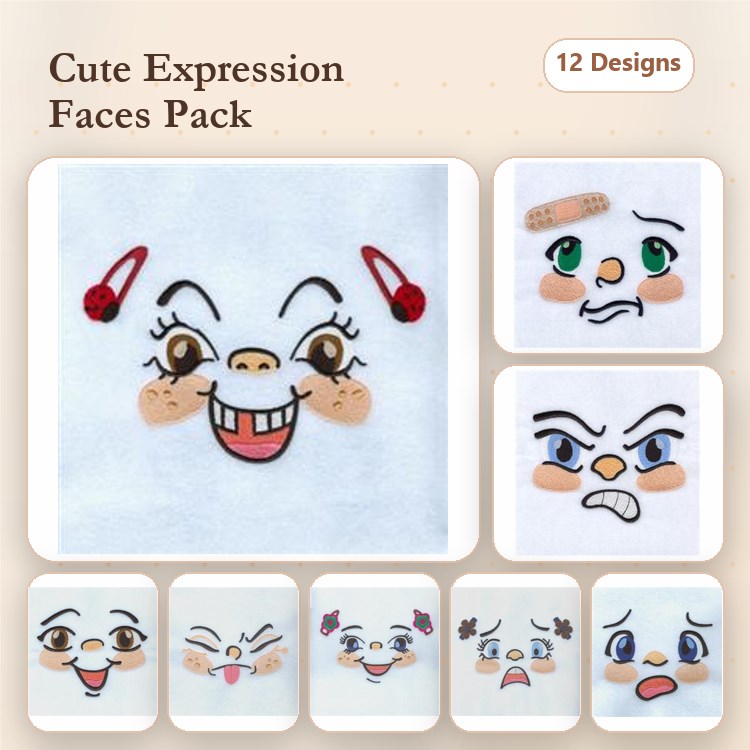 Cute Facial Expressions Embroidery Designs Bundle – Smiling, Angry, Sad, & More (12 Designs)