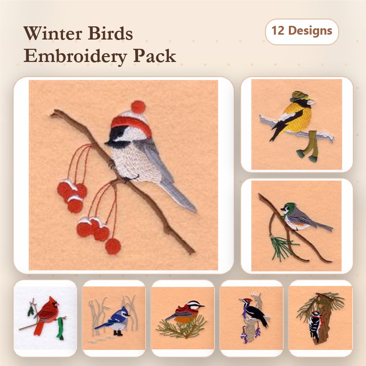 Winter Birds Embroidery Bundle – Chickadee, Goldfinch, Cardinal, Blue Jay & More (12 Designs)