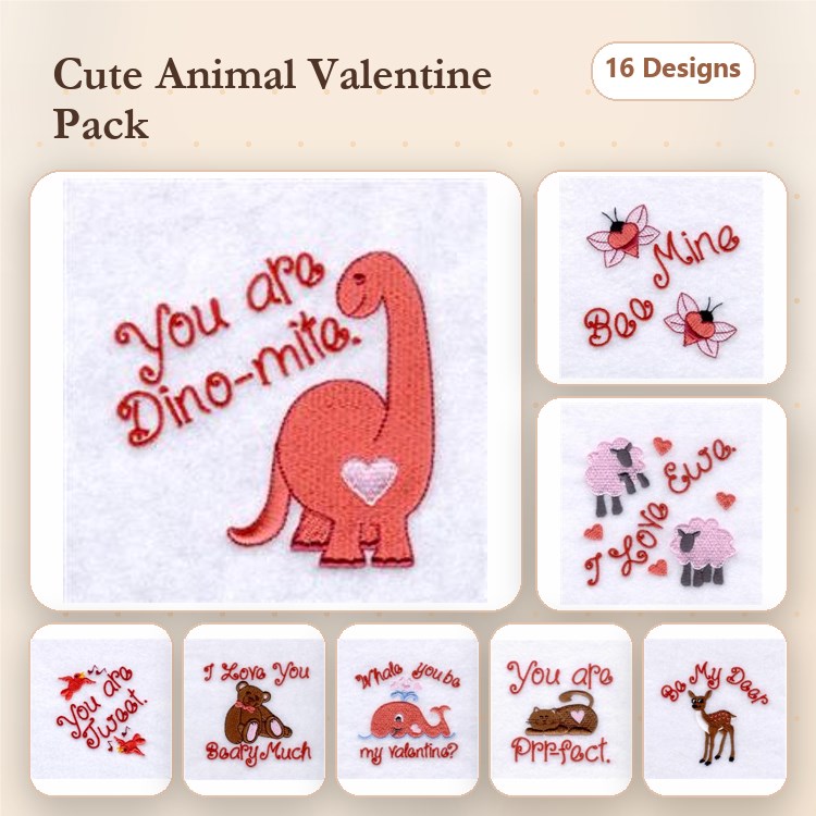 Cute Animal Valentine Embroidery Designs Bundle – Dino-mite, Bee Mine, You Are Perfect & More (16 Designs)
