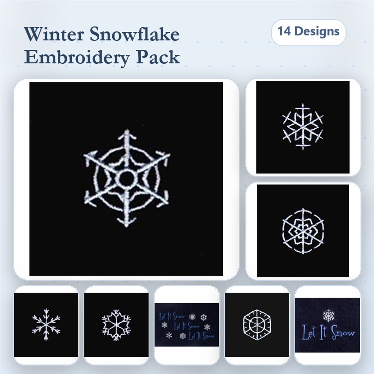 Winter Snowflakes Embroidery Designs Bundle – Large Snowflake, Fancy Snowflake, Snowflake Pattern & More (14 Designs)