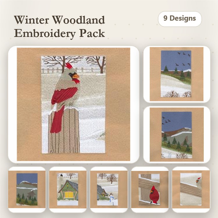 Winter Woodland Embroidery Designs Bundle – Cardinal on a Post, Snowy Cabin Scene, Birdhouse in the Snow & More (9 Designs)
