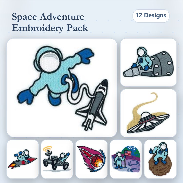 Space Adventure Embroidery Designs Bundle – Astronaut, Rocket Ship, UFO & More (12 Designs)