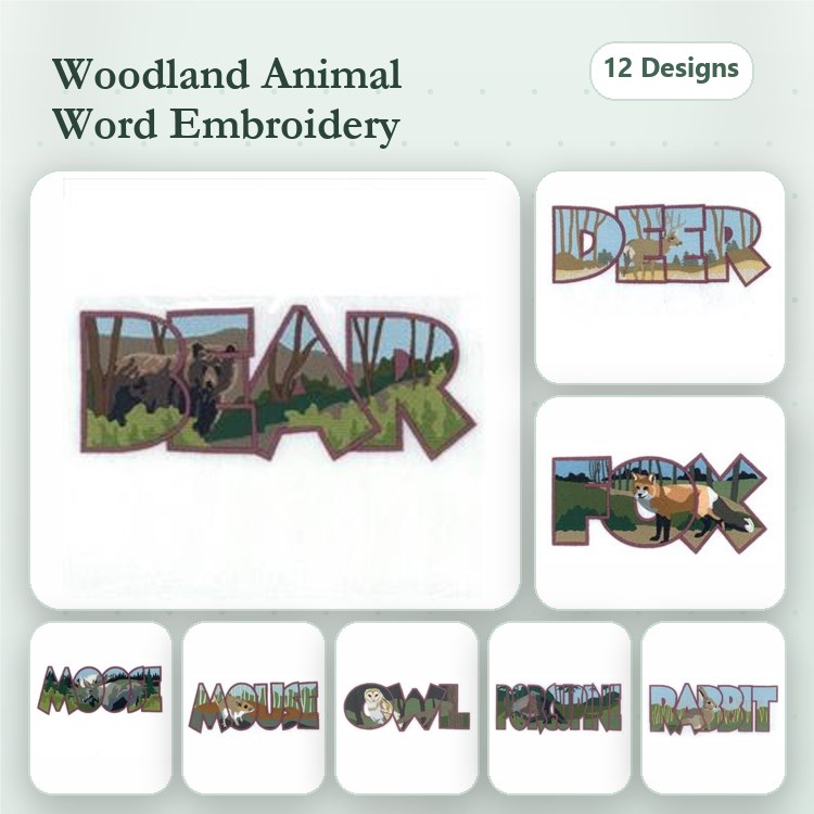 Woodland Animal Words Embroidery Designs Bundle – Deer, Fox, Moose, Bear & More (12 Designs)