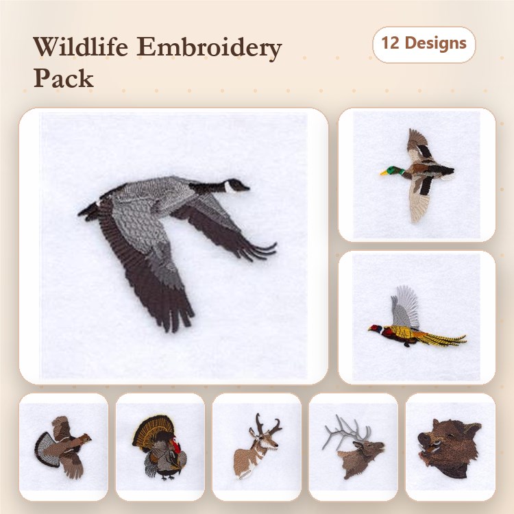 Wildlife Animals Embroidery Designs Bundle – Goose in Flight, Mallard Duck, Pheasant & More (12 Designs)