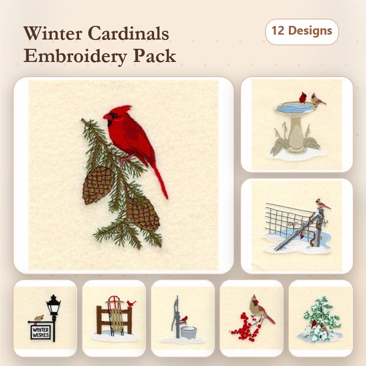 Winter Cardinals Embroidery Designs Bundle – Cardinal on Pine Branch, Bird Bath with Cardinal, & More (12 Designs)